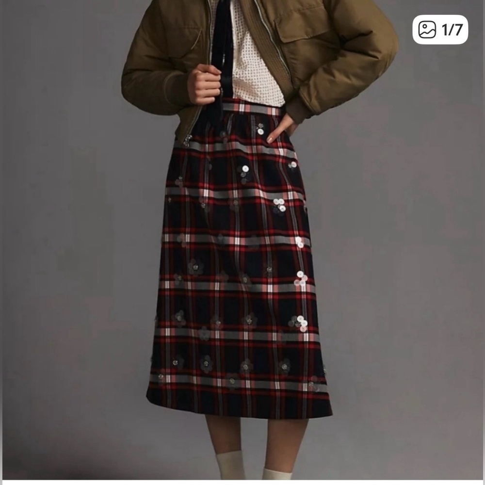 Anthropologie MAEVE Red Plaid Full Skirt with Floral Embellishments. NWT’s.